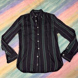 TODD SNYDER Size S Black Dark Green Stripe Cotton Blend Long Sleeve Shirt